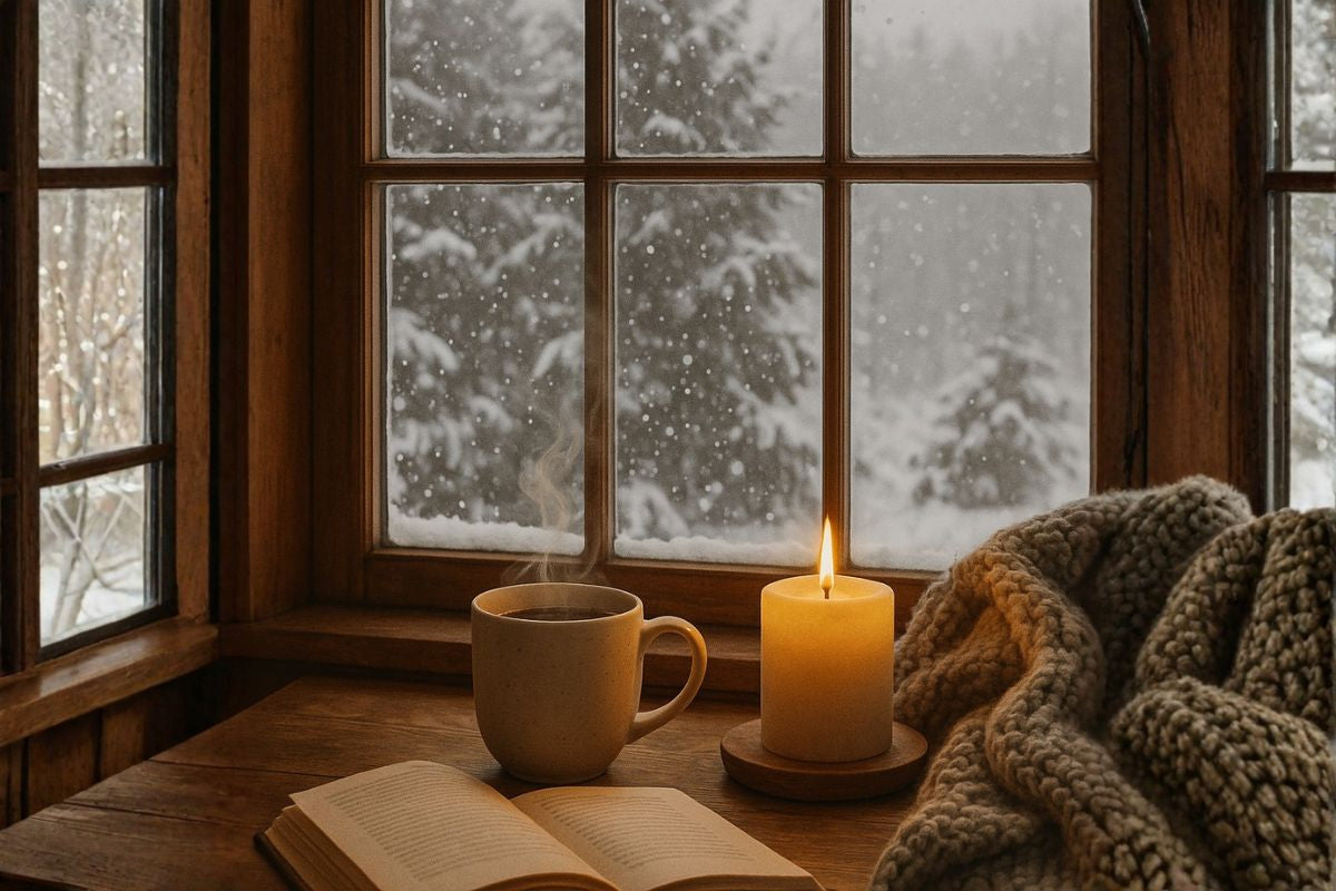 A cozy scene of a blanket, cup of steaming coffee and a lit candle sitting on a wooden table in front of a window with a snowy wintery scene outside.