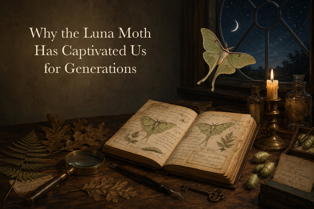 Luna moth hovering above an antique natural history journal on a Victorian observatory desk illuminated by candlelight.