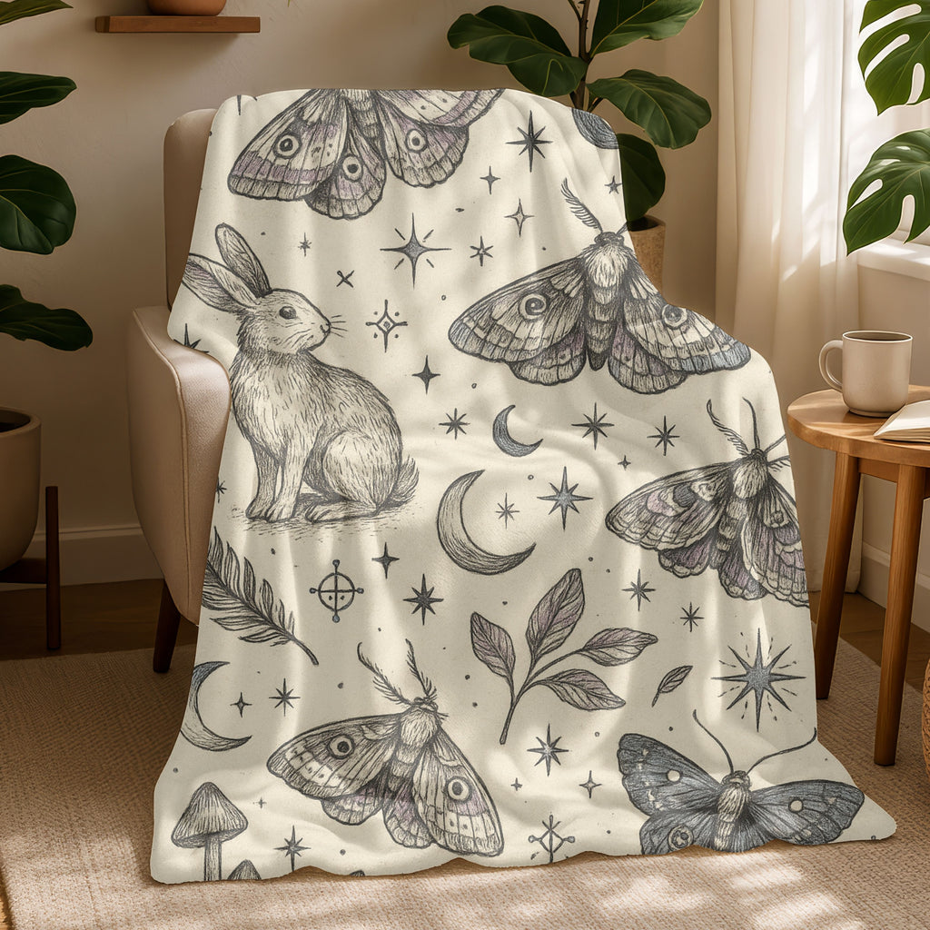 Blanket with rabbit and moth design draped over a chair in a cozy room.