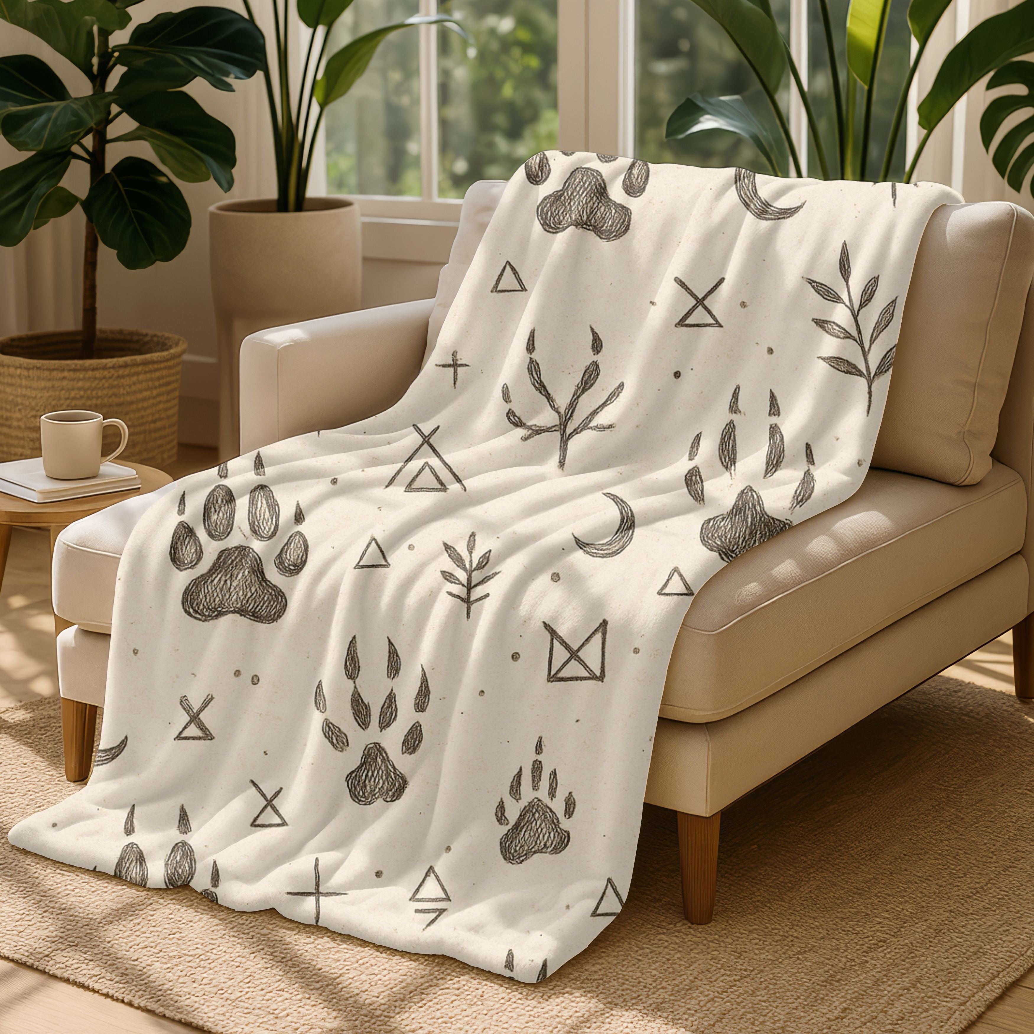 White blanket with black paw prints and geometric patterns draped over a beige armchair in a cozy living room.