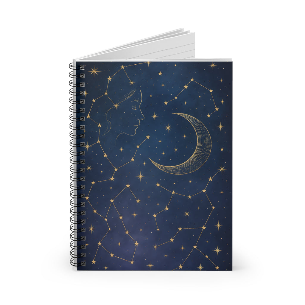Notebook with celestial design featuring a moon and stars on a blue background