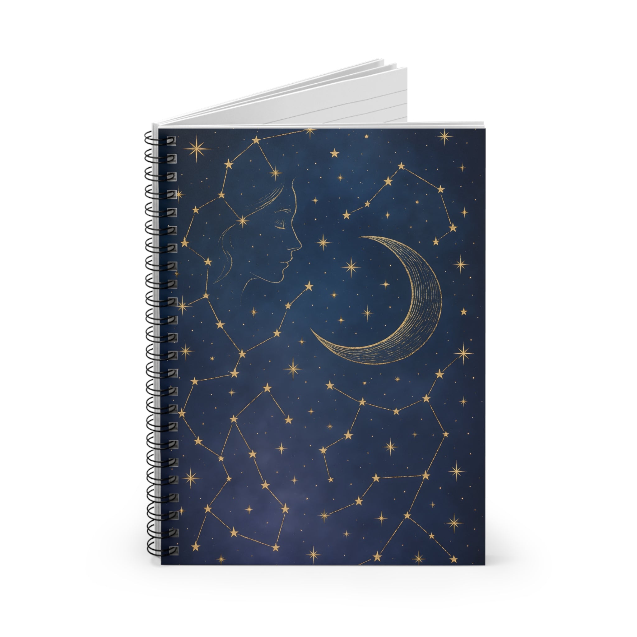 Notebook with celestial design featuring a moon and stars on a blue background