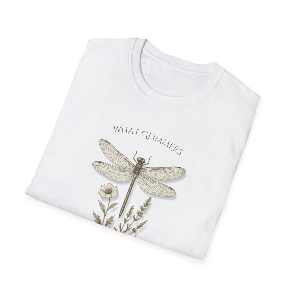 Folded white t-shirt with dragonfly and floral design on a white background