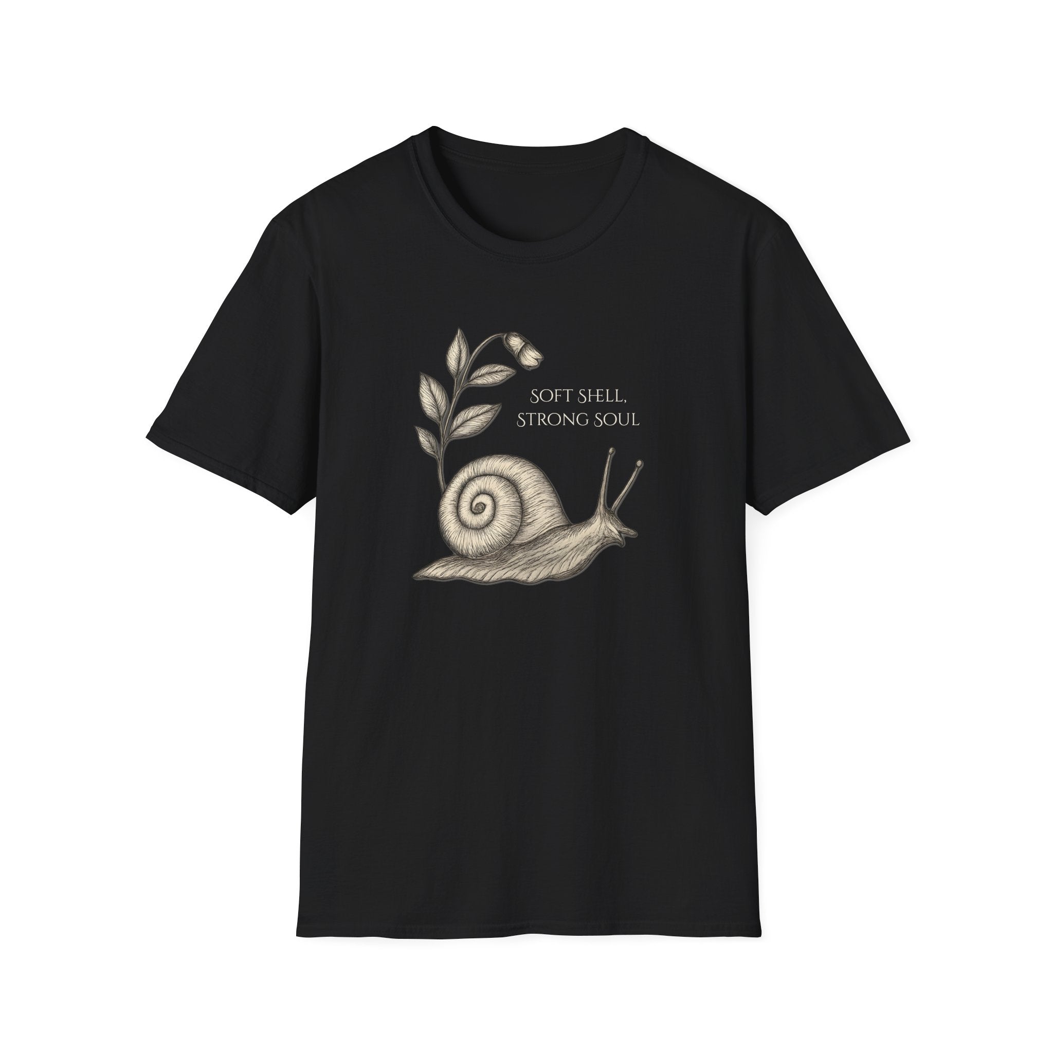 Black t-shirt with a snail design and text on a white background. "Soft Shell Strong Soul" Snail T-Shirt