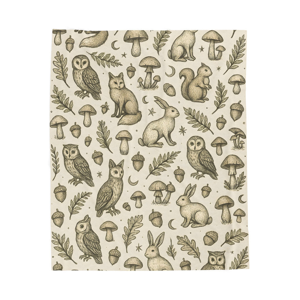 Pattern of forest animals and plants on a beige background