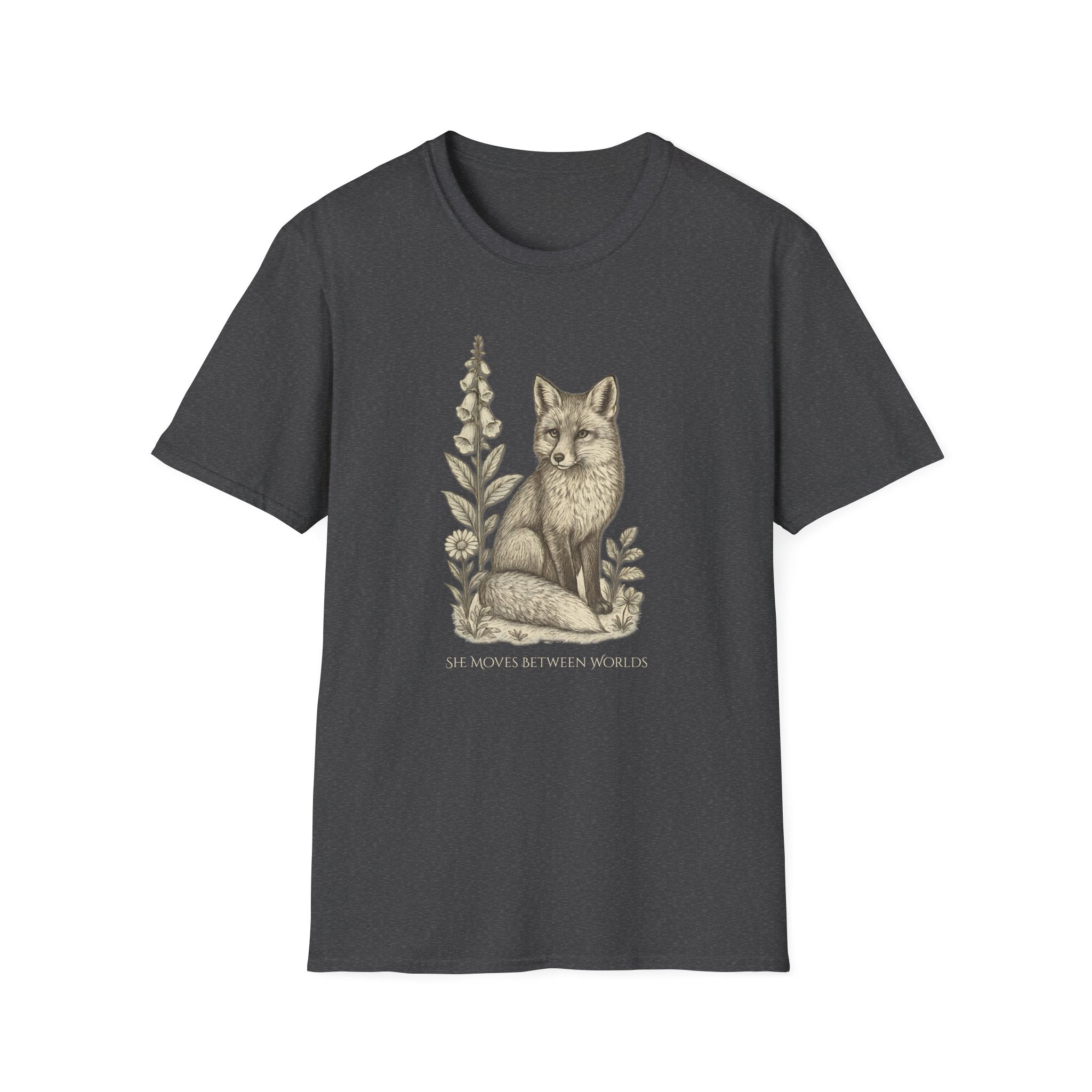 Dark gray t-shirt with a fox and floral design on a white background. "She Moves Between Worlds" Fox T-Shirt