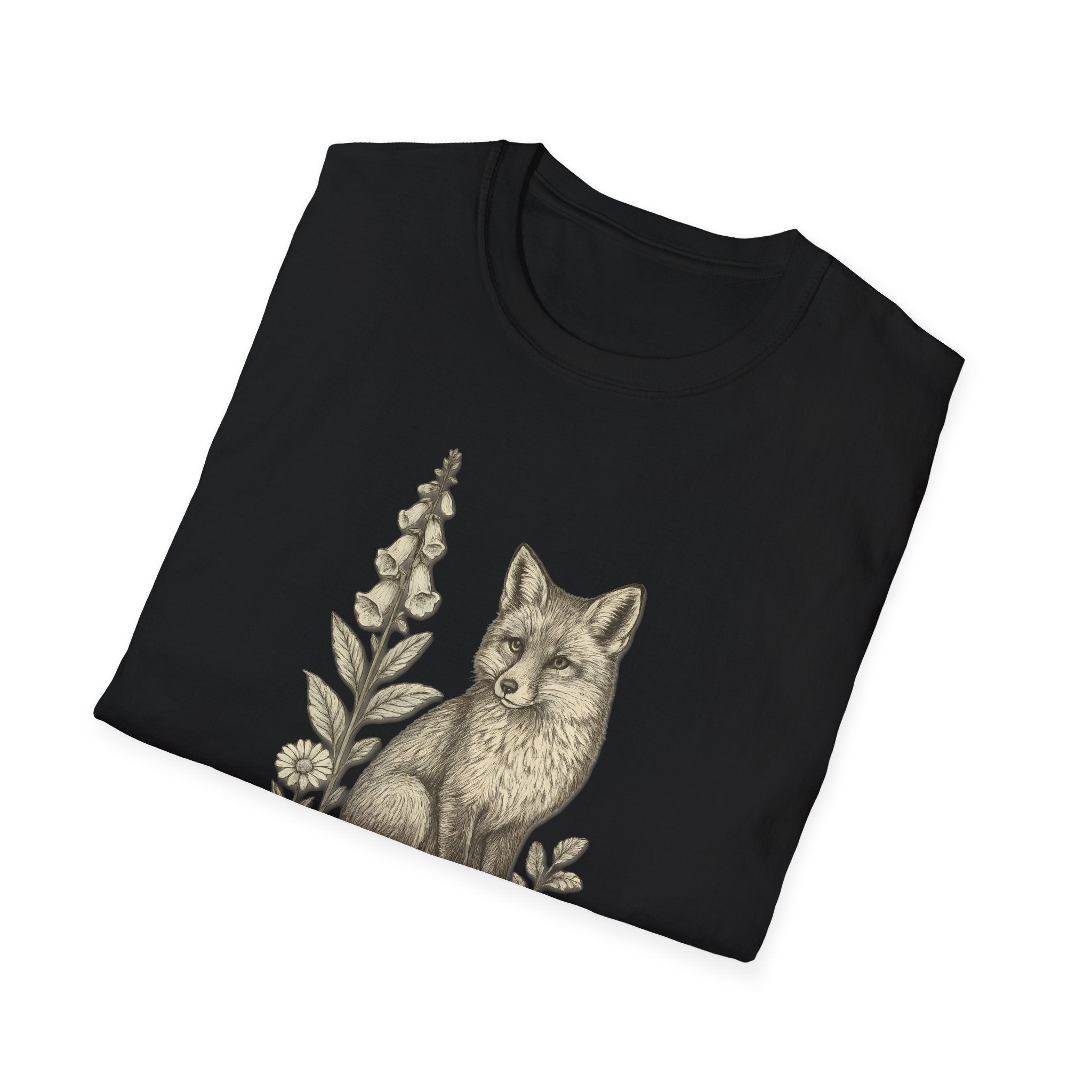 Black t-shirt with a fox and floral design on a white background