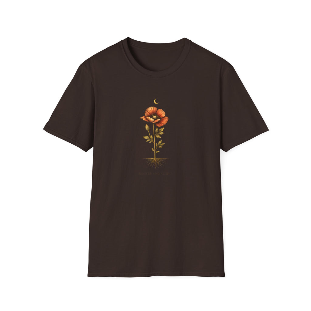 Brown t-shirt with floral design printed on a white background
