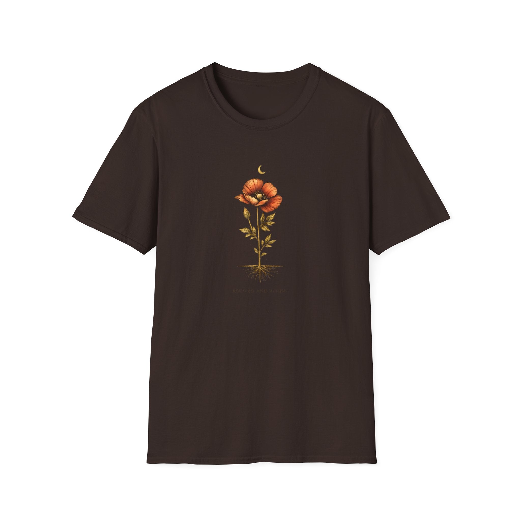 Brown t-shirt with floral design printed on a white background