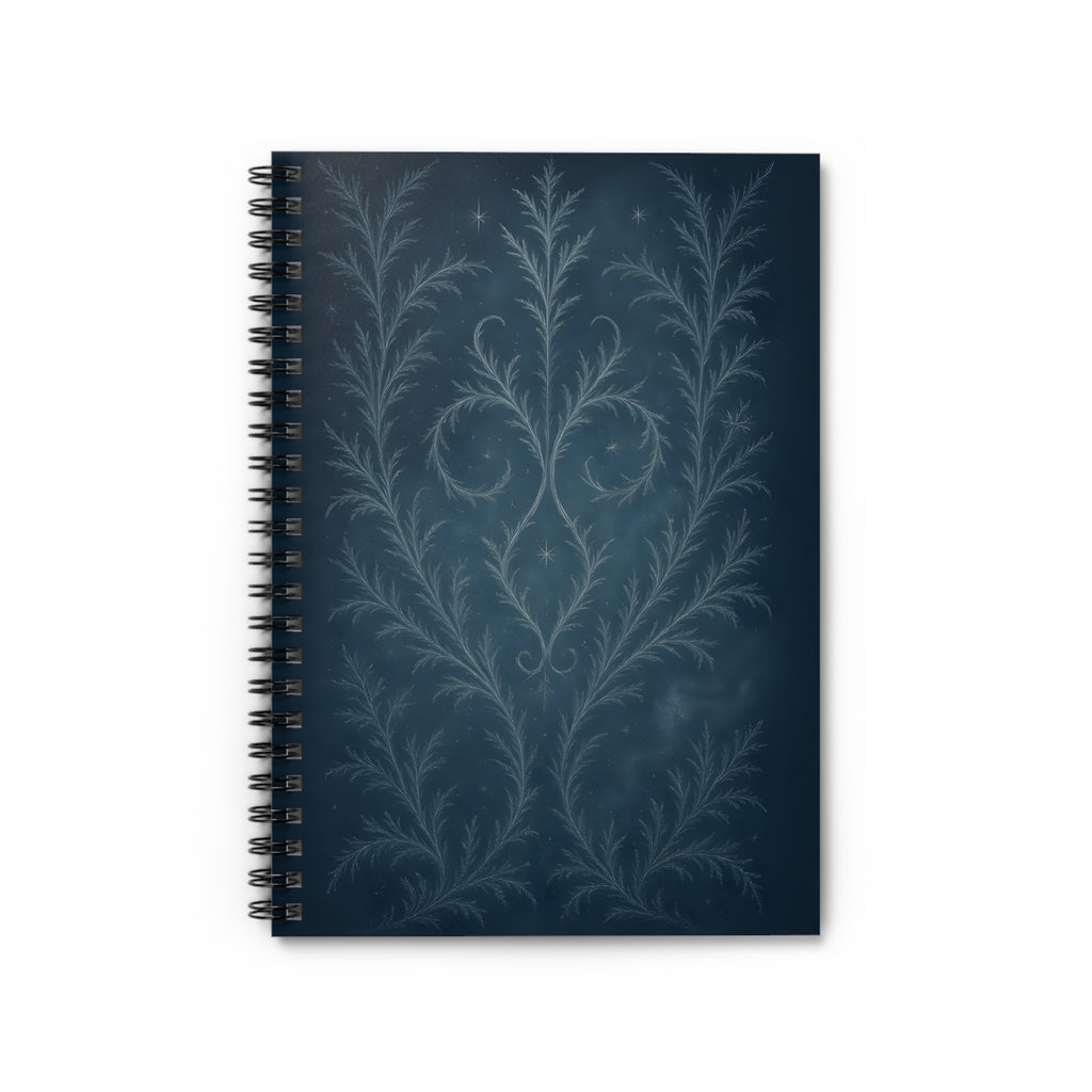 Dark blue notebook with a floral pattern on a white background