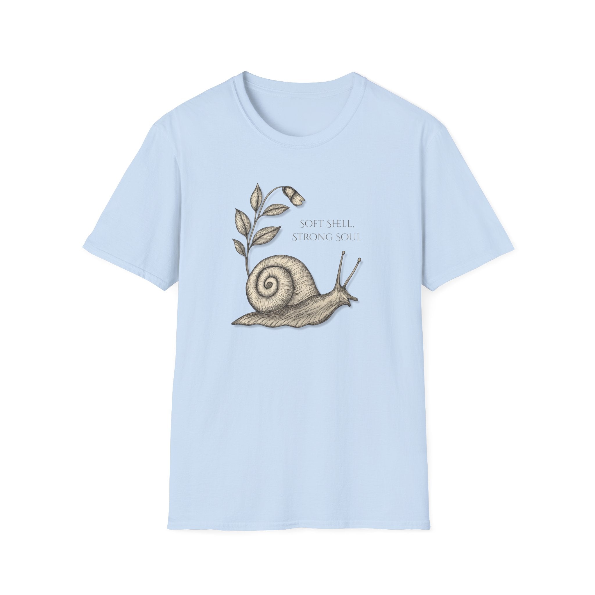 Light blue t-shirt with a snail design and text on a white background. "Soft Shell Strong Soul" Snail T-Shirt
