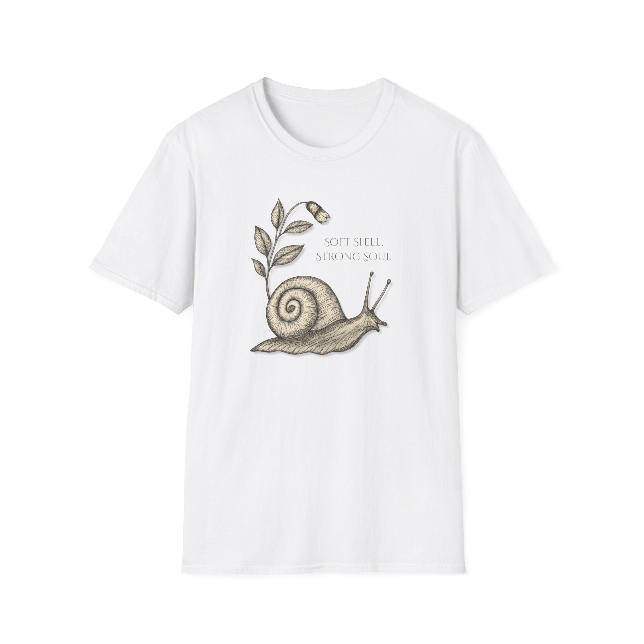 White t-shirt with a snail design and text on a white background "Soft Shell Strong Soul" Snail T-Shirt