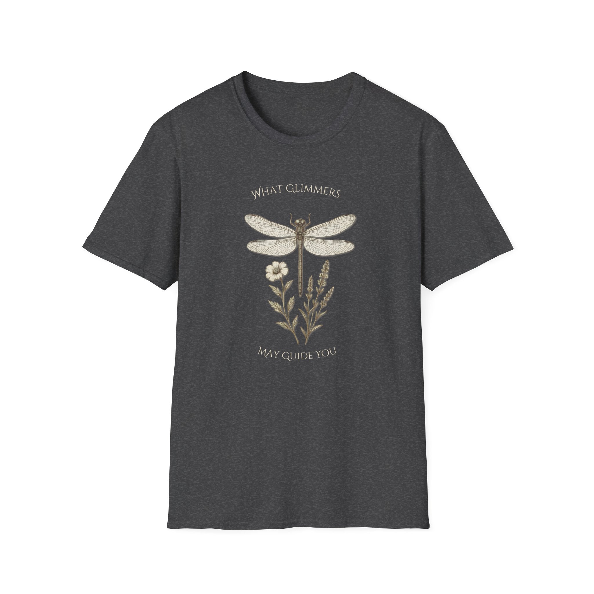 Dark gray t-shirt with dragonfly and floral design on a white background. "What Glimmers May Guide You" Dragonfly T-Shirt