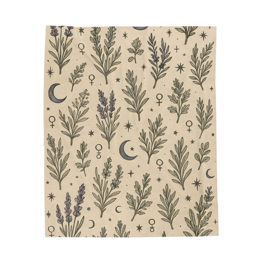 Patterned paper with herbs, stars, and moon symbols on a beige background