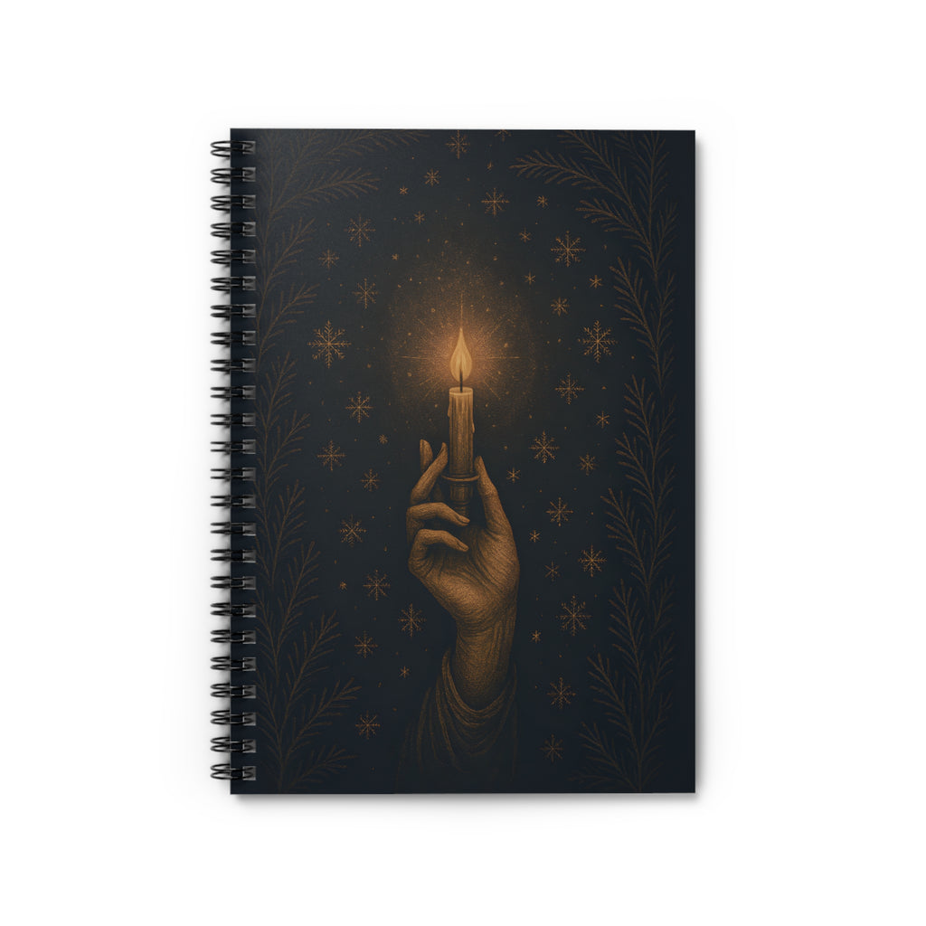 Notebook cover with a hand holding a lit candle against a dark background