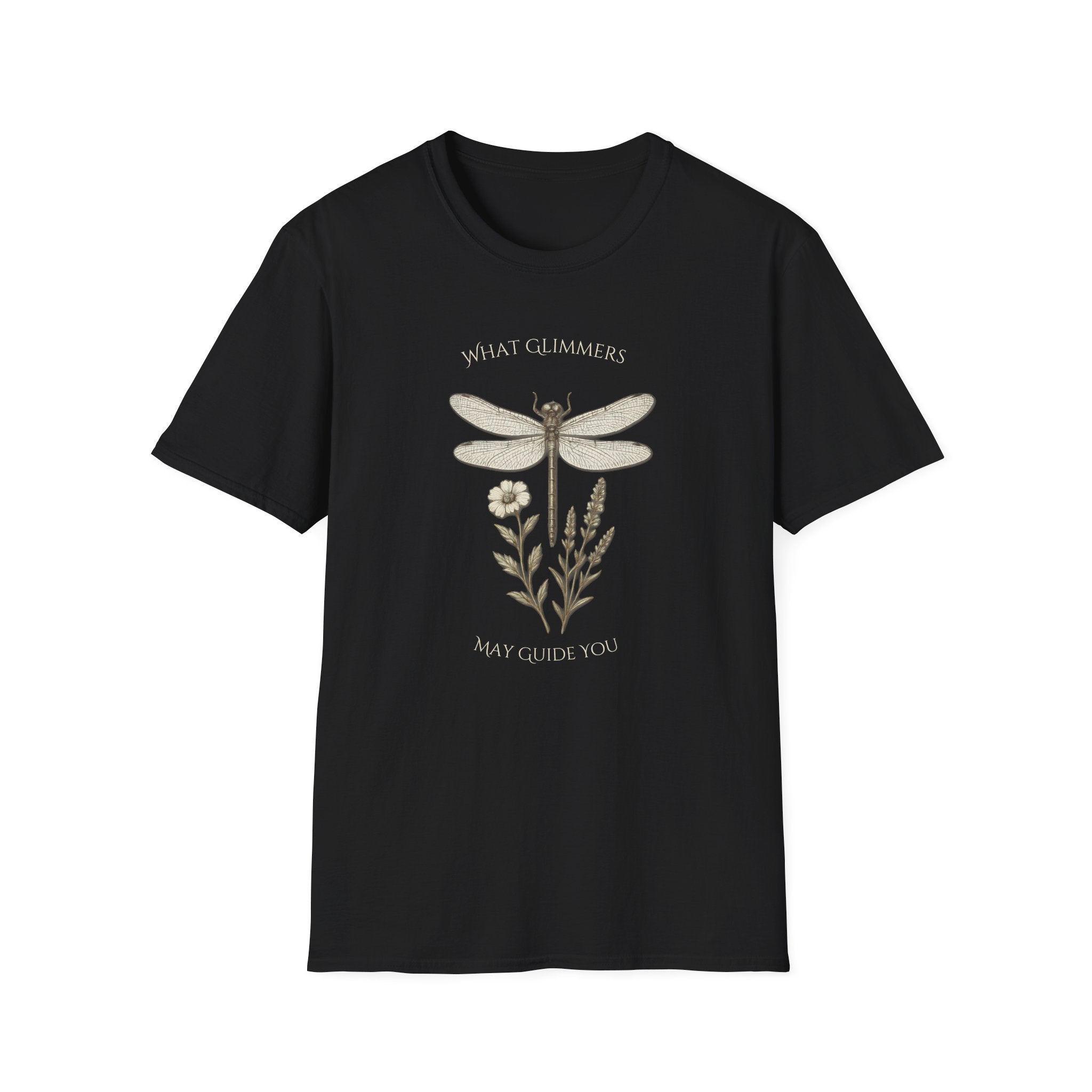 Black t-shirt with dragonfly and floral design on a white background. "What Glimmers May Guide You" Dragonfly T-Shirt