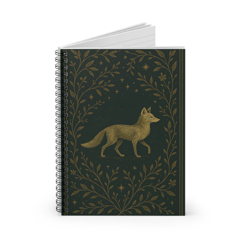 Notebook with a fox design on a dark green cover against a white background