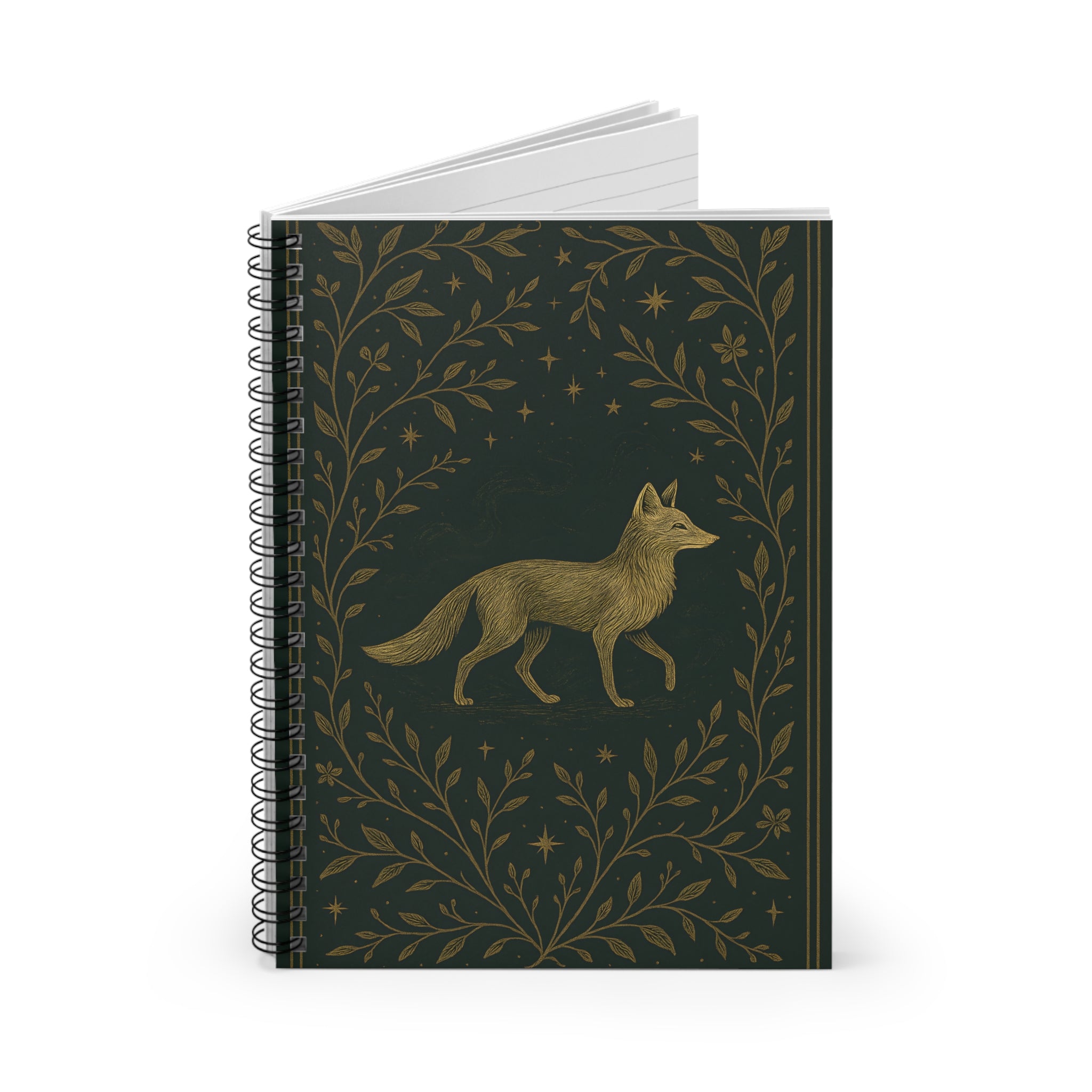 Notebook with a fox design on a dark green cover against a white background