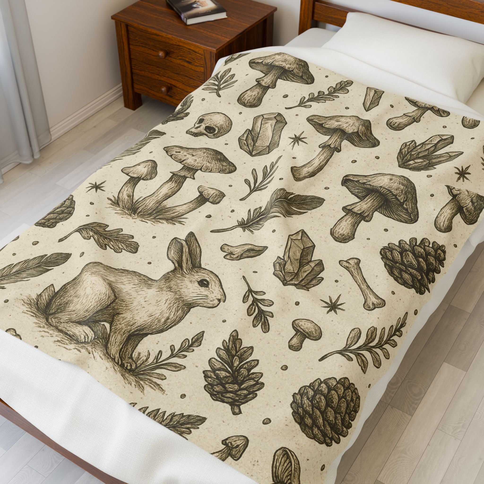 Bedspread with nature-themed design featuring a rabbit, mushrooms, and leaves on a beige background.