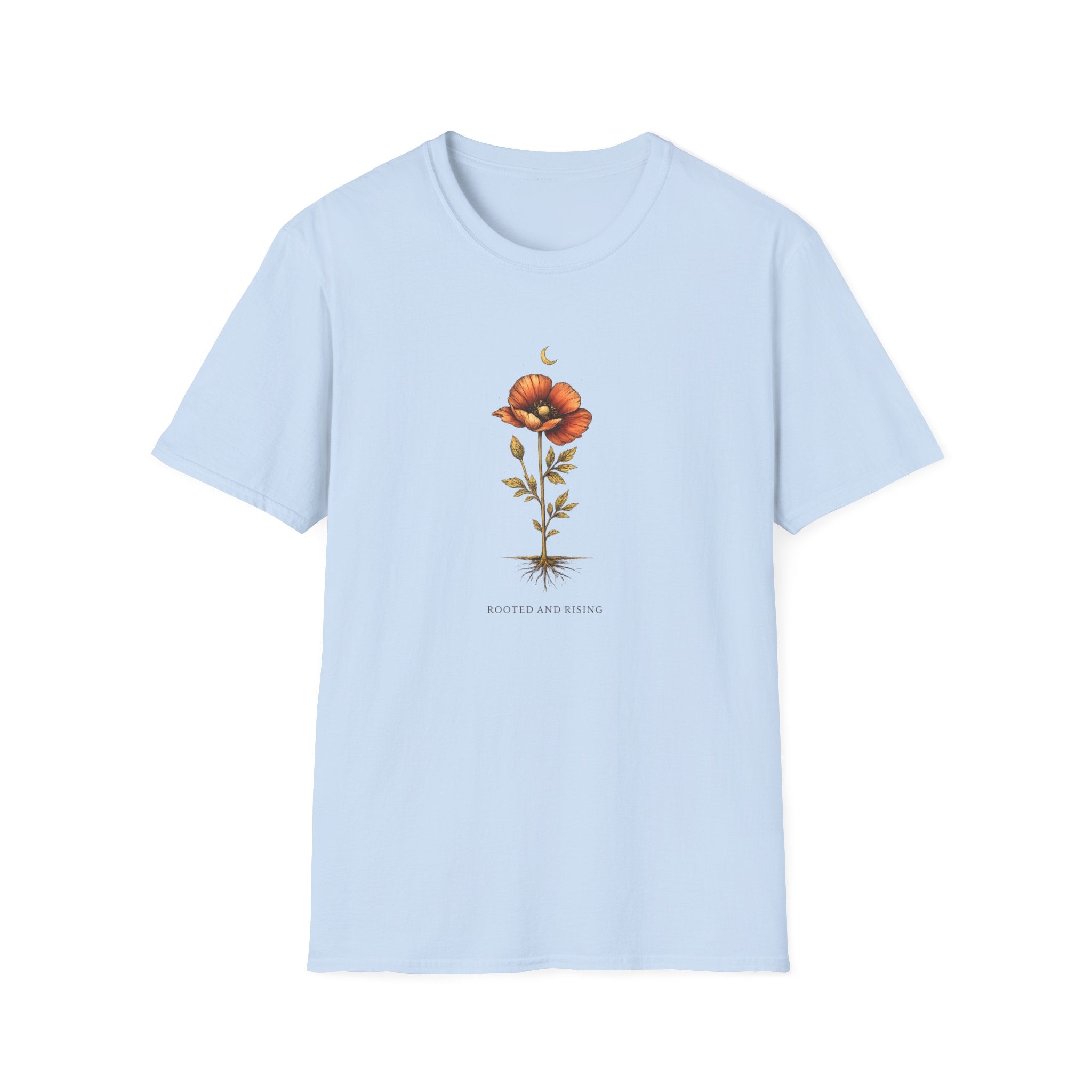 Light blue t-shirt with a floral design on a white background