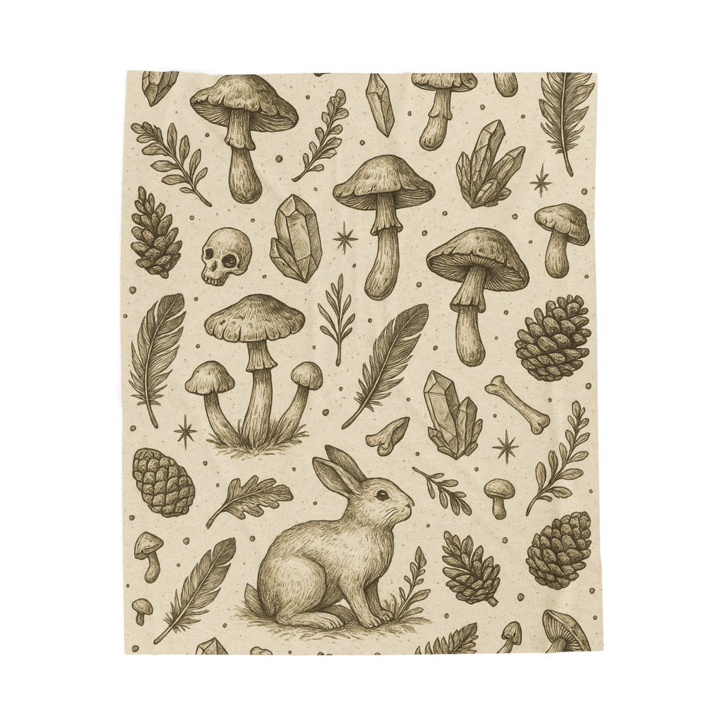 Patterned blanket with illustrations of mushrooms, leaves, crystals, and a rabbit on a beige background.