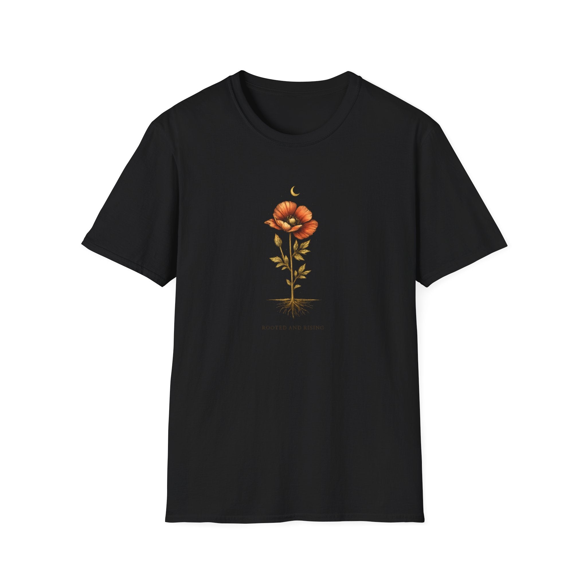 Black t-shirt with a floral design printed on a white background