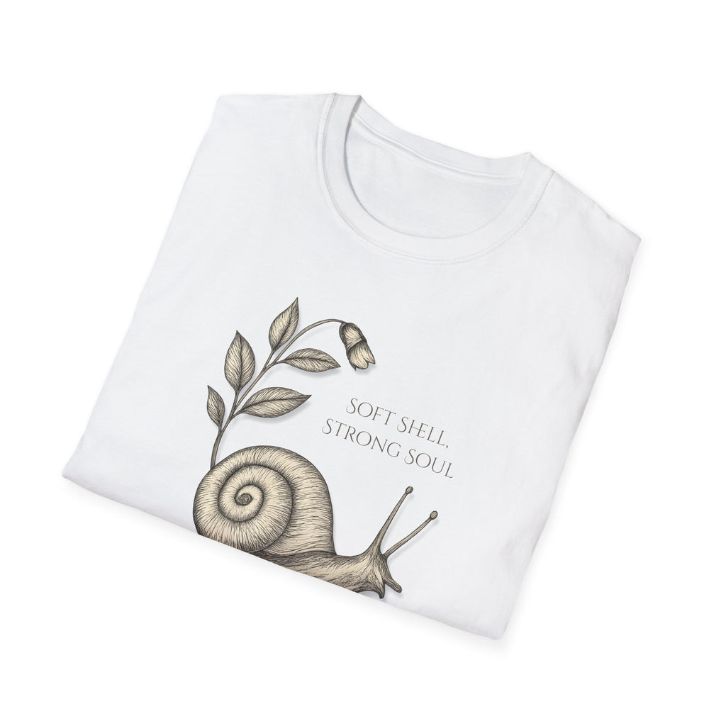 White t-shirt with a snail and leaf design and text on a white background