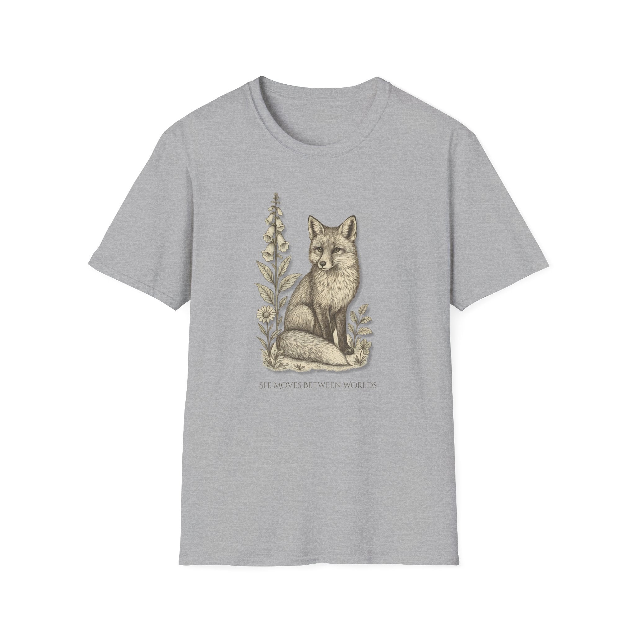 Gray t-shirt with a fox and floral design on a white background. "She Moves Between Worlds" Fox T-Shirt