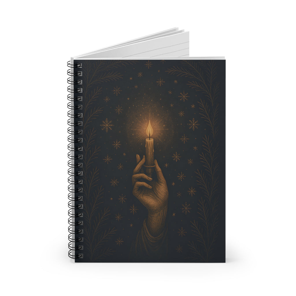 Notebook with a design of a hand holding a candle against a dark background with stars.