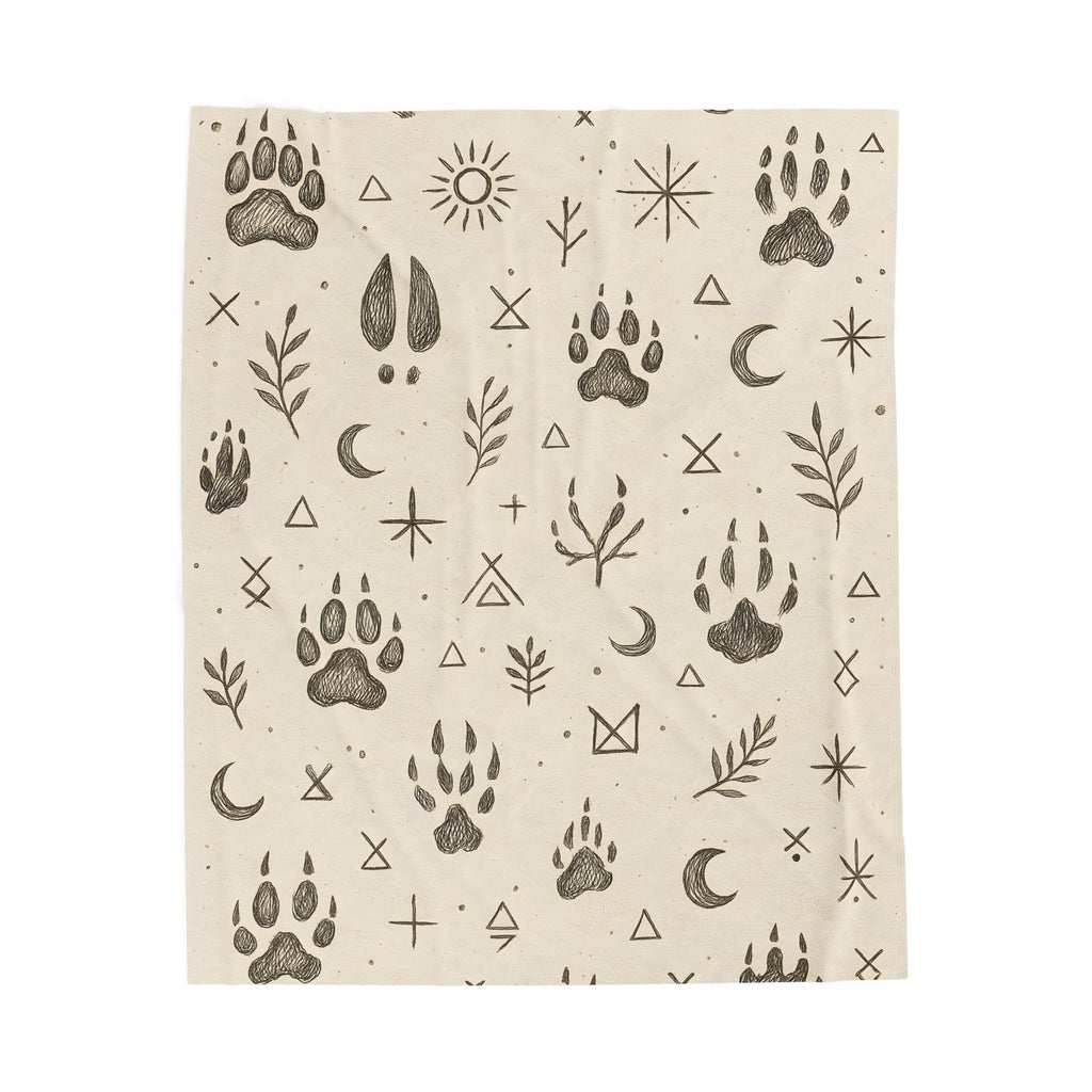 Patterned fabric with paw prints, leaves, and geometric shapes on a beige background