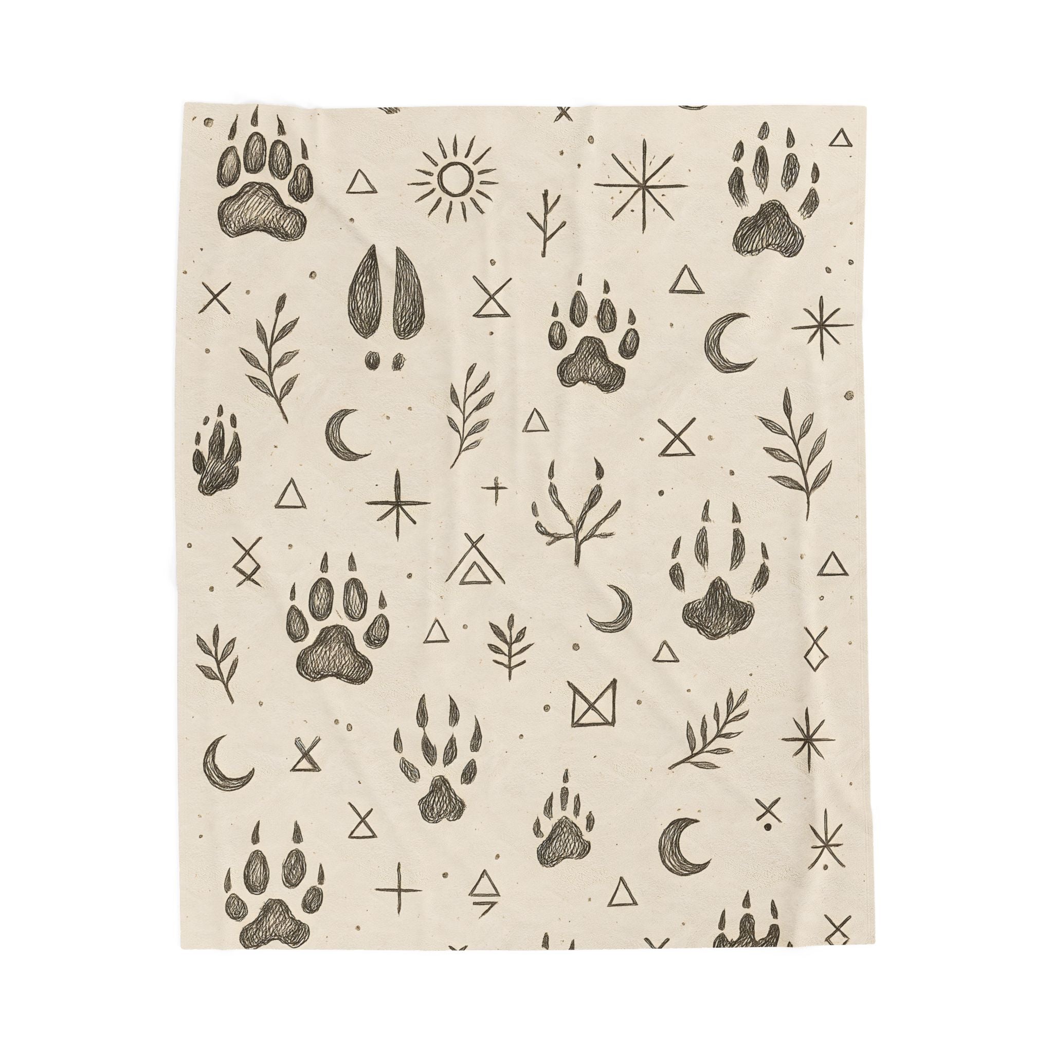 Patterned fabric with paw prints, leaves, and geometric shapes on a beige background
