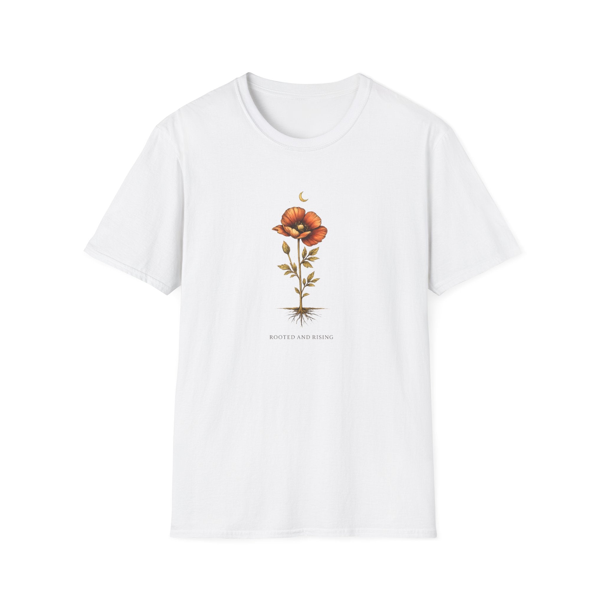 White t-shirt with a floral design on a white background