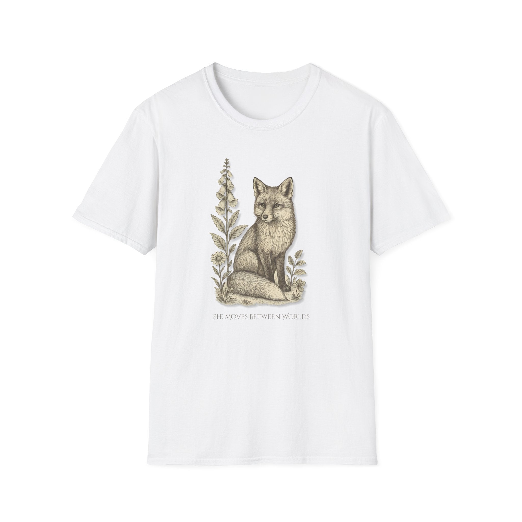 White t-shirt with a fox and plant design on a white background. "She Moves Between Worlds" Fox T-Shirt