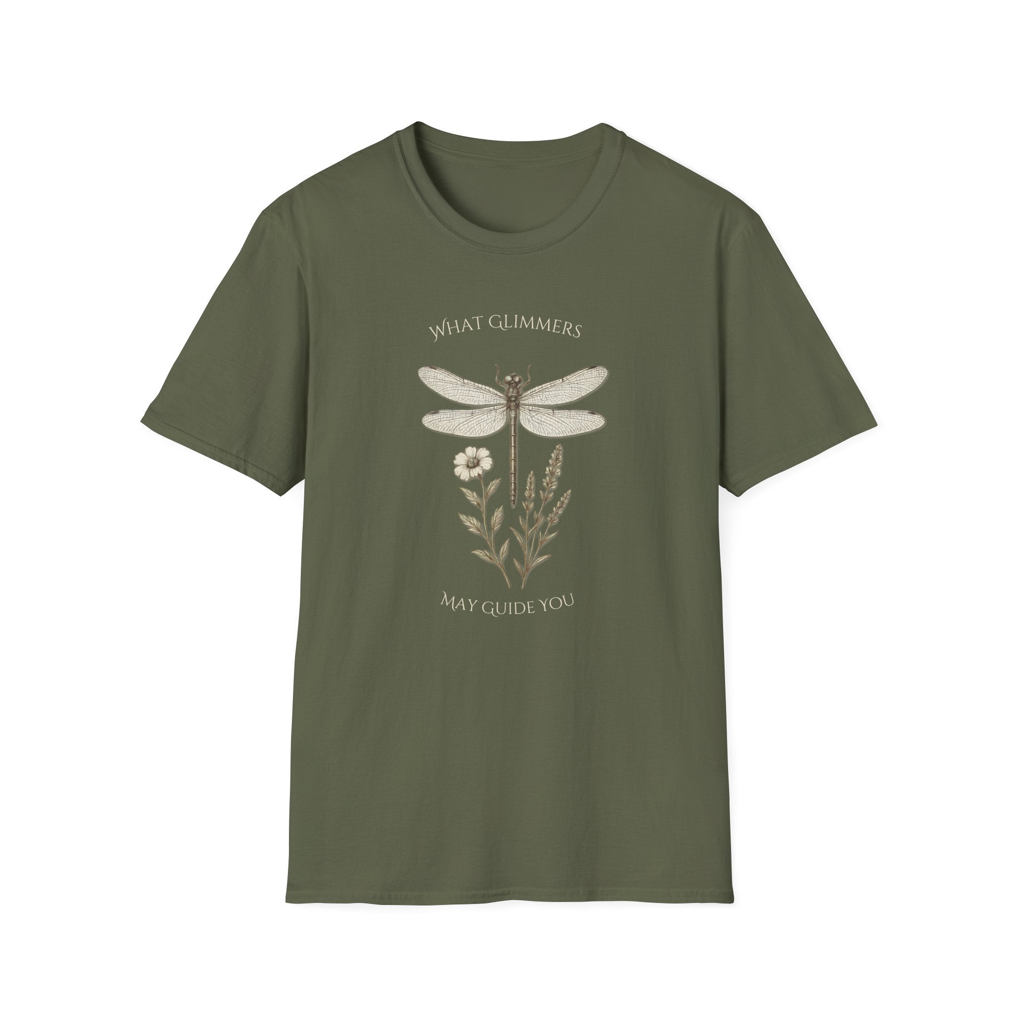 Green t-shirt with dragonfly and floral design on a white background. "What Glimmers May Guide You" Dragonfly T-Shirt