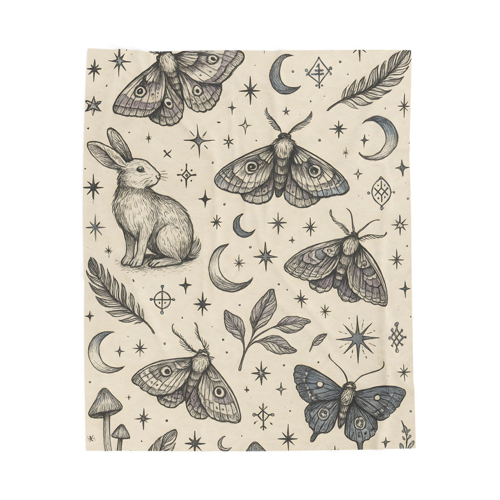 Patterned fabric with rabbits, moths, and celestial elements on a beige background