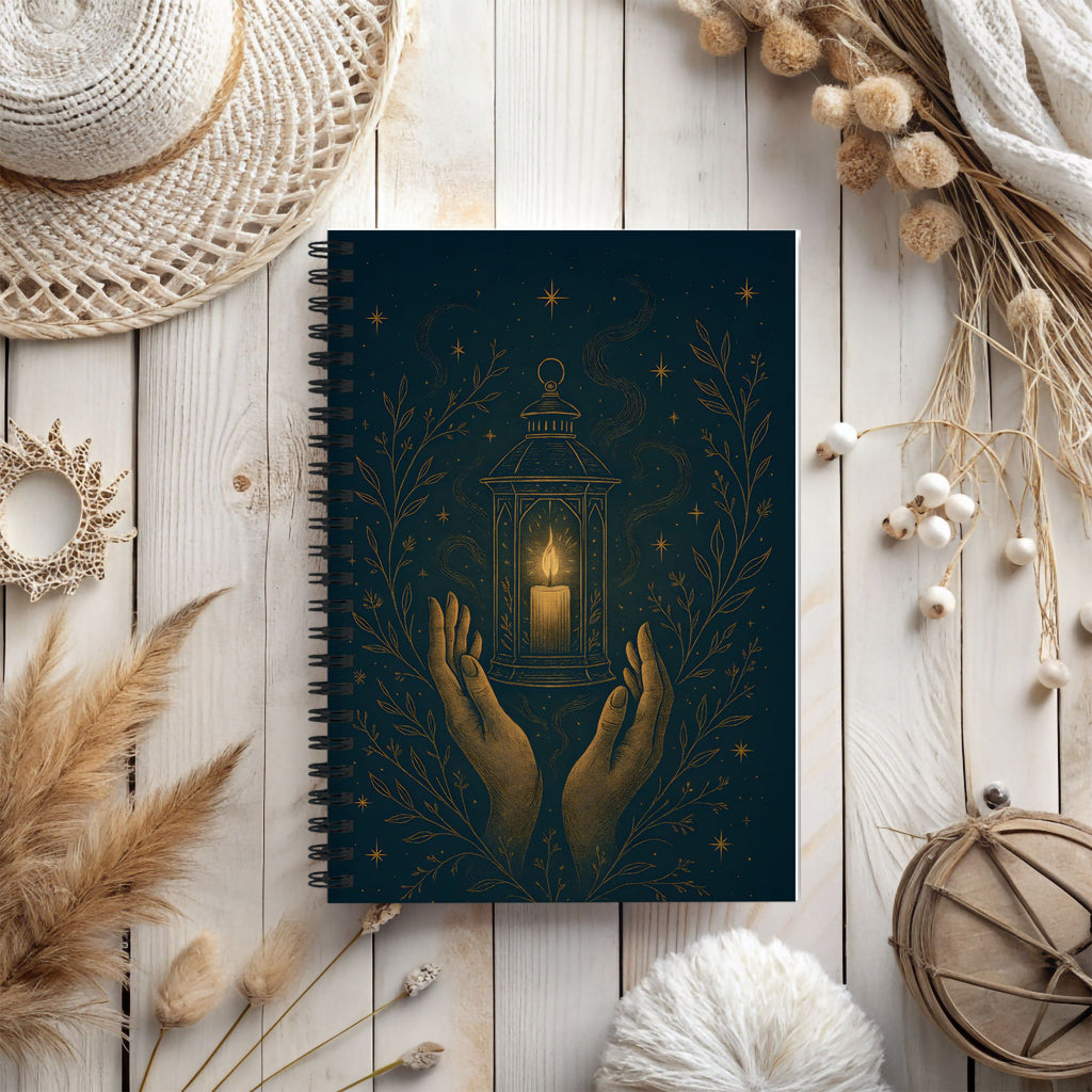 Notebook with decorative cover featuring hands holding a lantern on a wooden surface with decorative items.