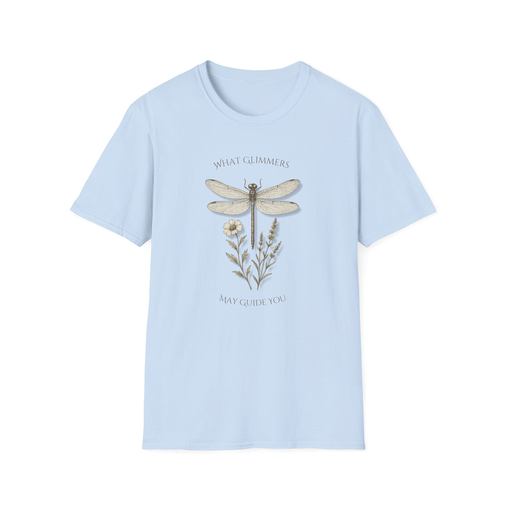 Light Blue t-shirt with dragonfly and floral design on a white background. "What Glimmers May Guide You" Dragonfly T-Shirt