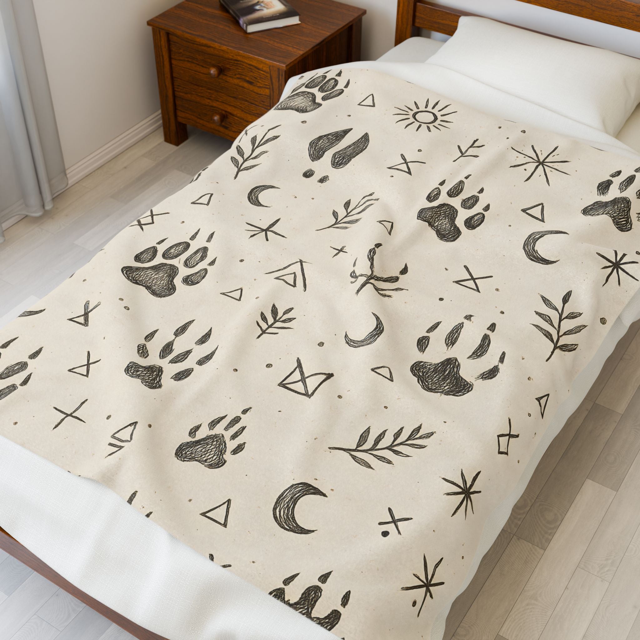 Beige blanket with black paw print and geometric pattern on a bed in a bedroom.