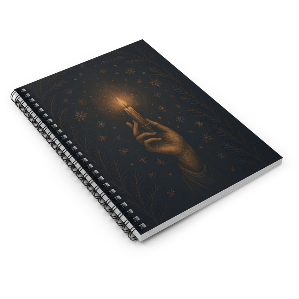 Spiral-bound notebook with a dark cover featuring an illustration of a hand holding a light bulb.