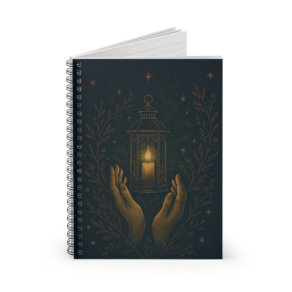 Notebook with a design of hands holding a lantern on a dark background