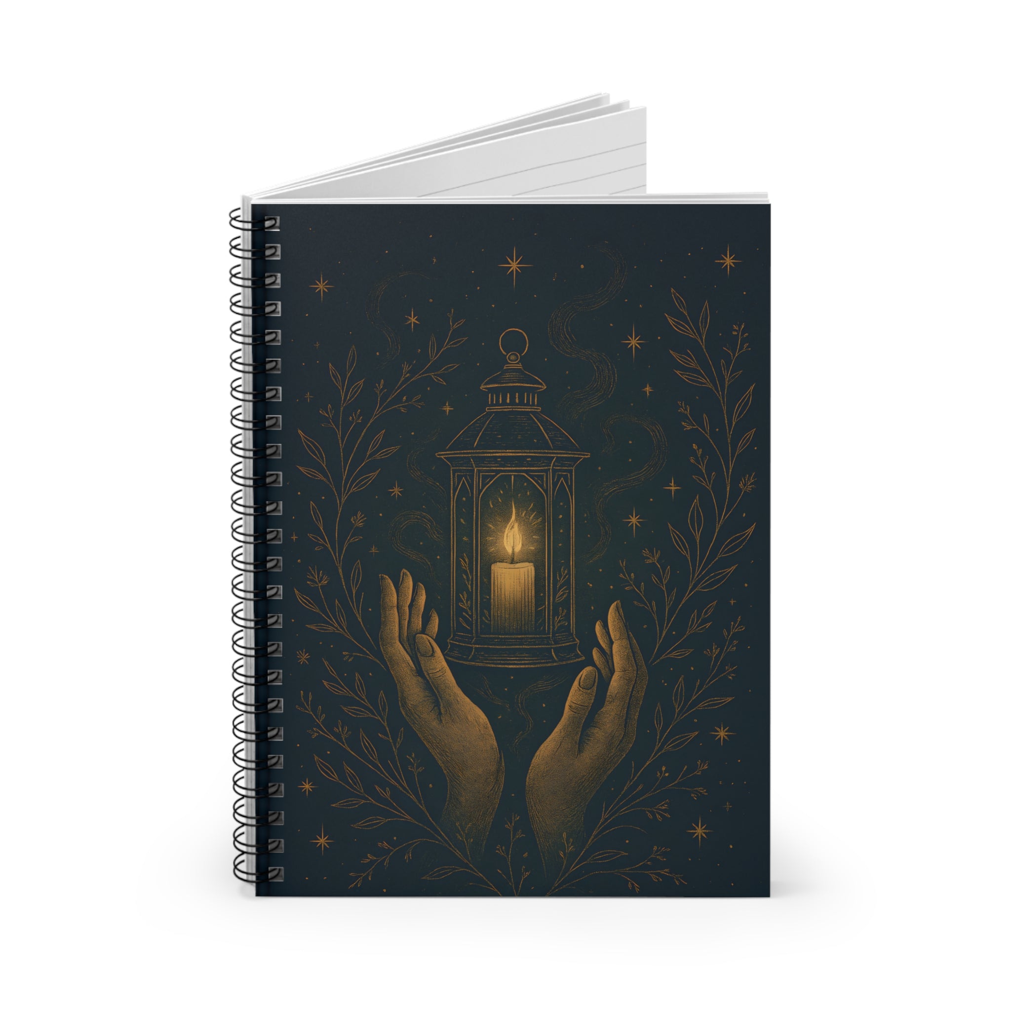 Notebook with a design of hands holding a lantern on a dark background