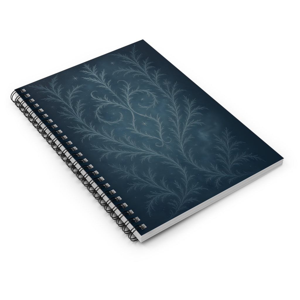 Spiral-bound notebook with a dark blue cover featuring a leafy pattern on a white background