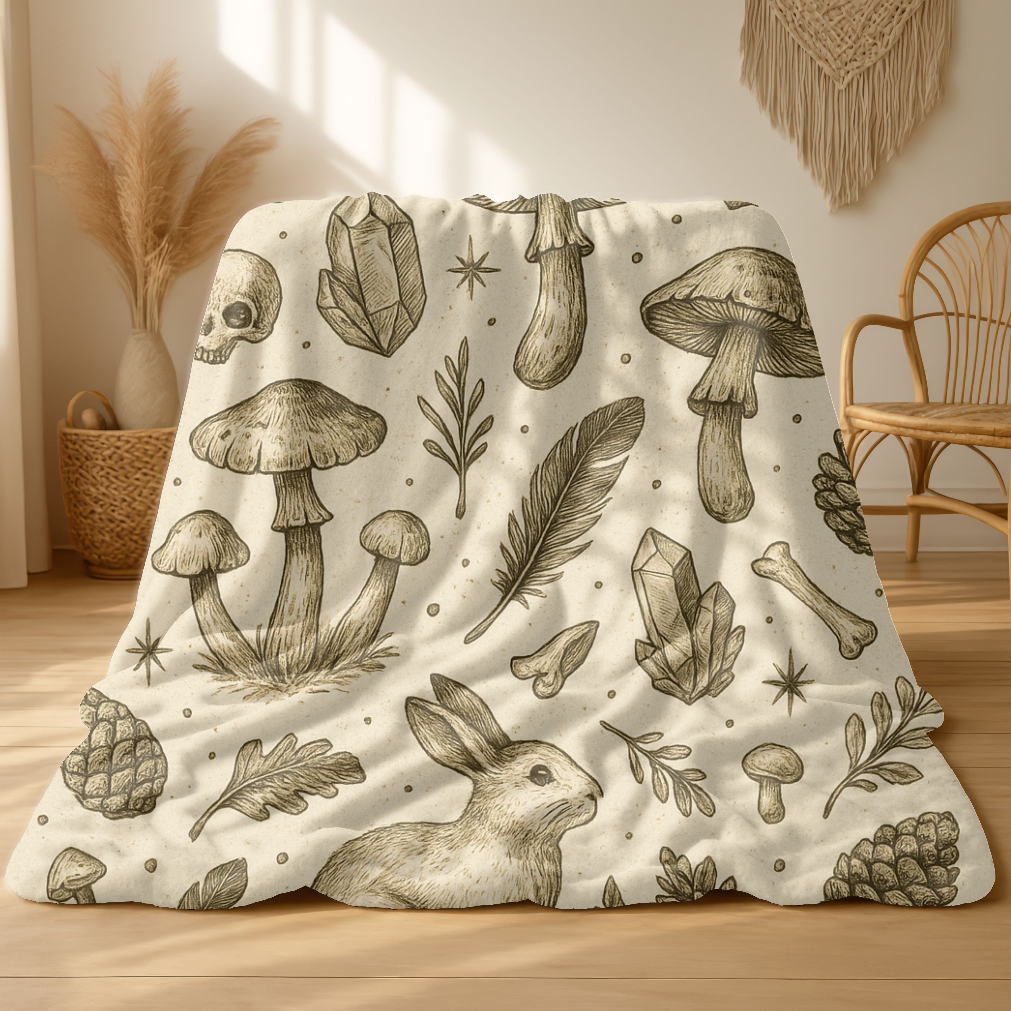 Blanket with nature-themed design featuring mushrooms, plants, and a rabbit on a wooden floor.