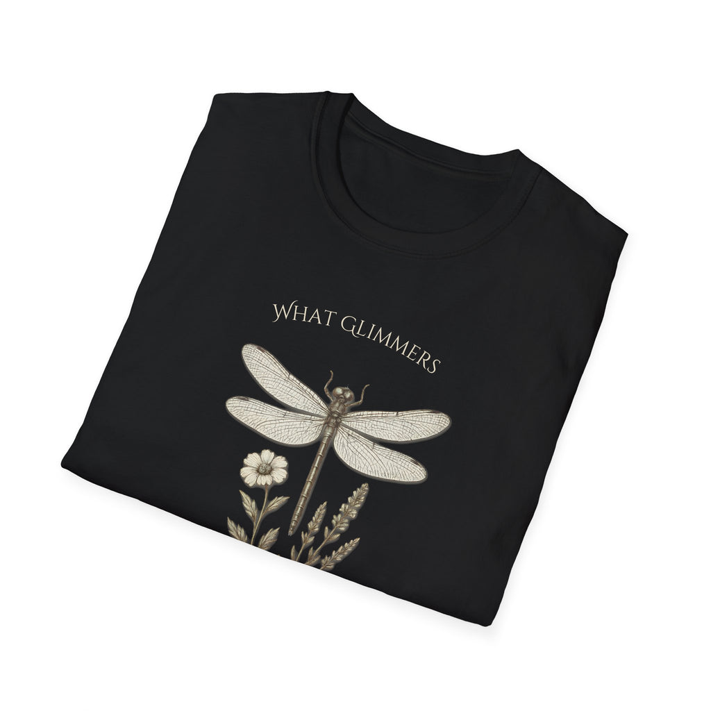 Folded black sweatshirt with dragonfly and floral design on a white background