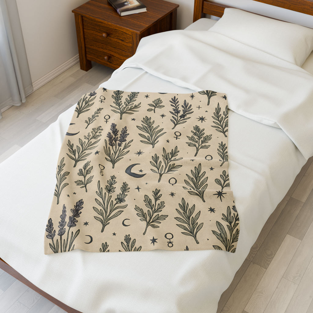 Beige blanket with nature-themed pattern on a bed in a bedroom setting