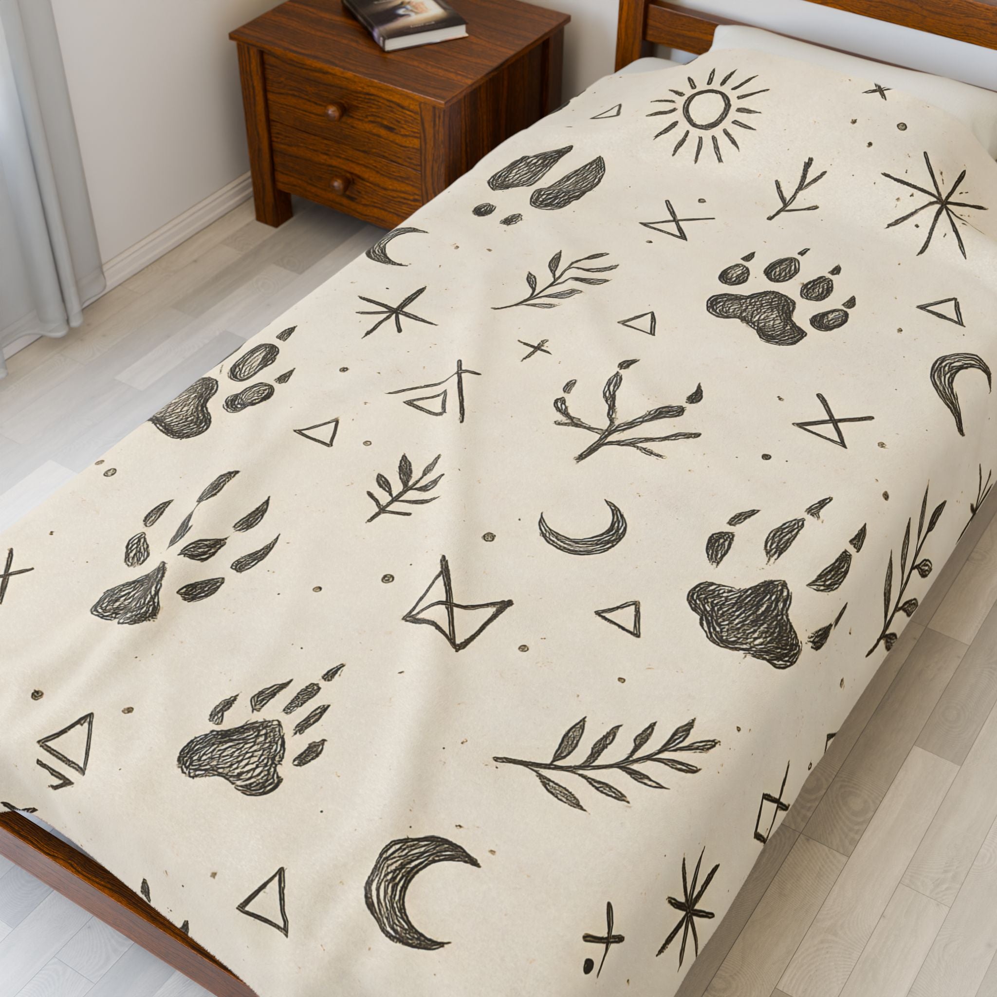 Beige bedspread with black geometric and nature-themed patterns on a bed in a room.