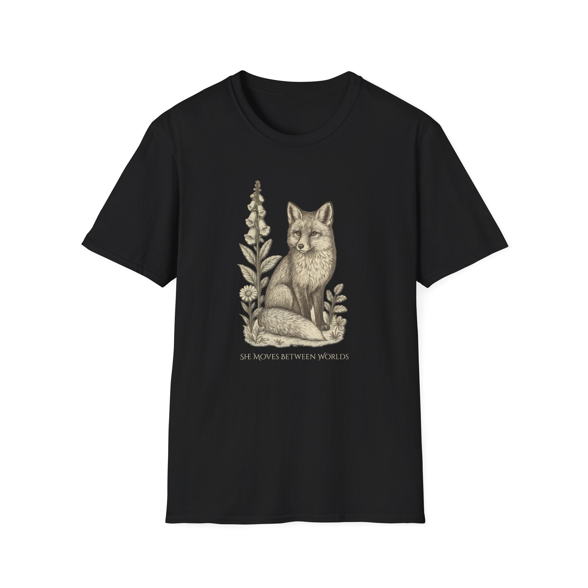 Black t-shirt with a fox and floral design on a white background. "She Moves Between Worlds" Fox T-Shirt