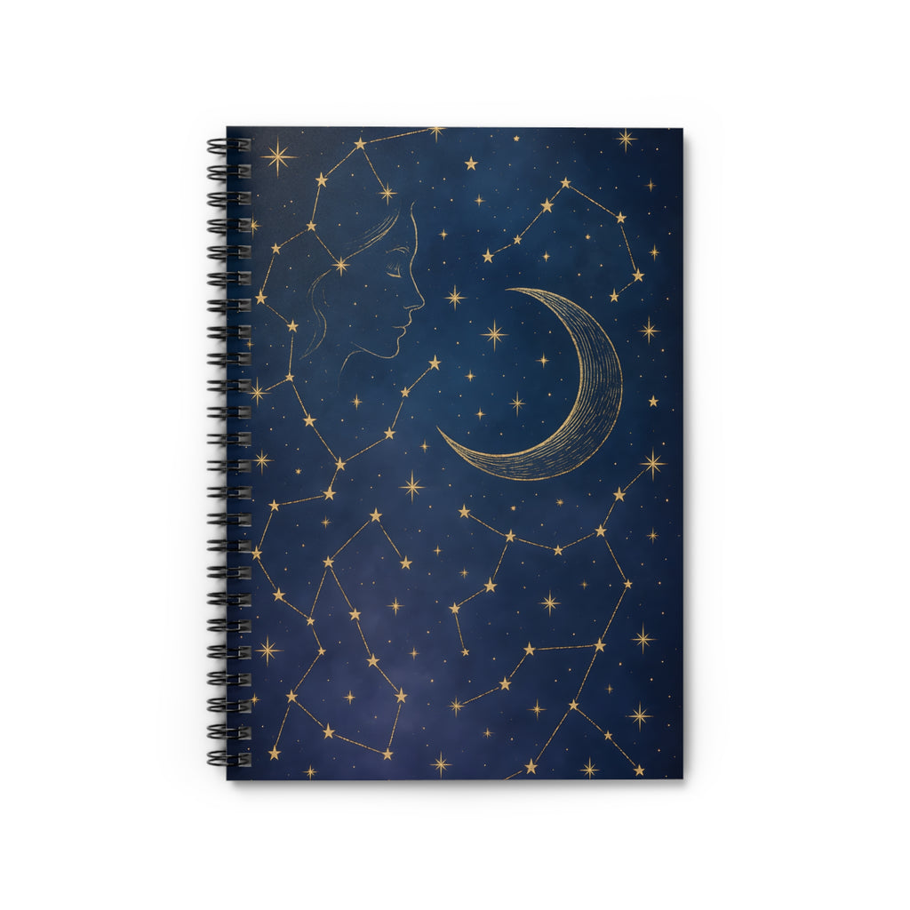 Notebook with celestial design featuring stars, moon, and profile on blue background