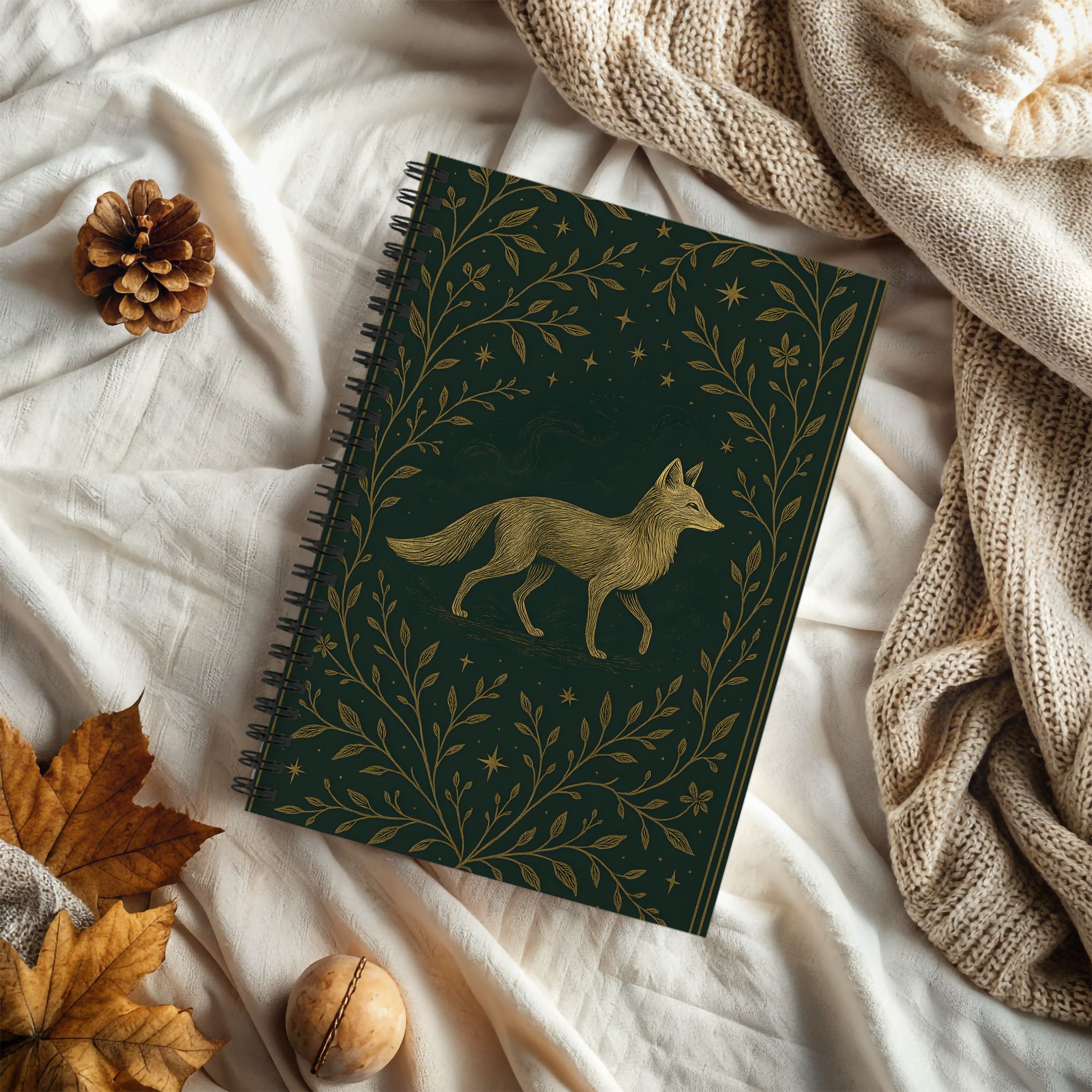 Green notebook with fox design on a soft surface with autumn elements