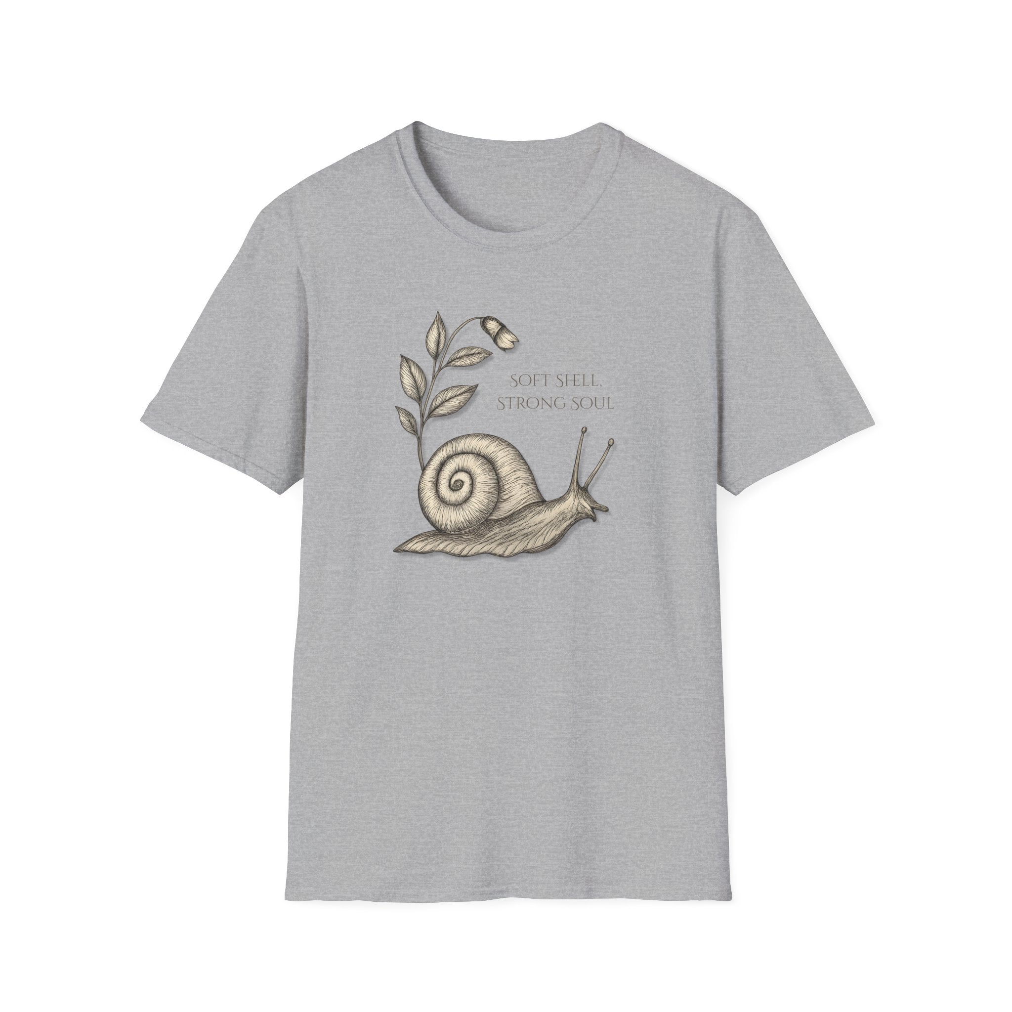 Gray t-shirt with a snail design and text on a white background "Soft Shell Strong Soul" Snail T-Shirt